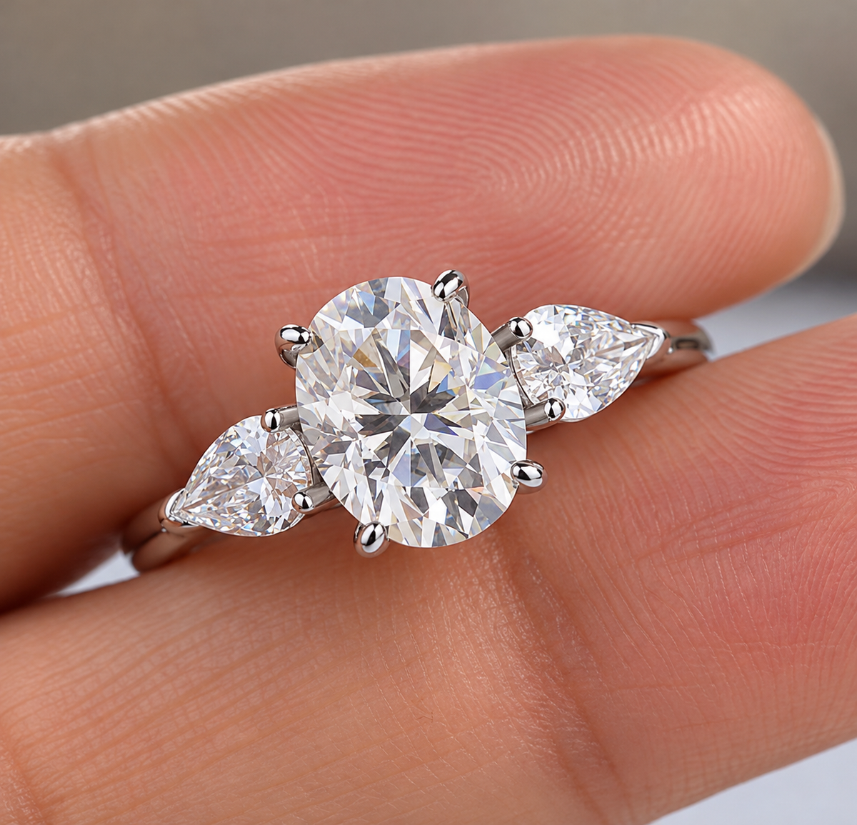 2 Carat Oval Cut Moissanite Ring with Pear Cut Side Stones