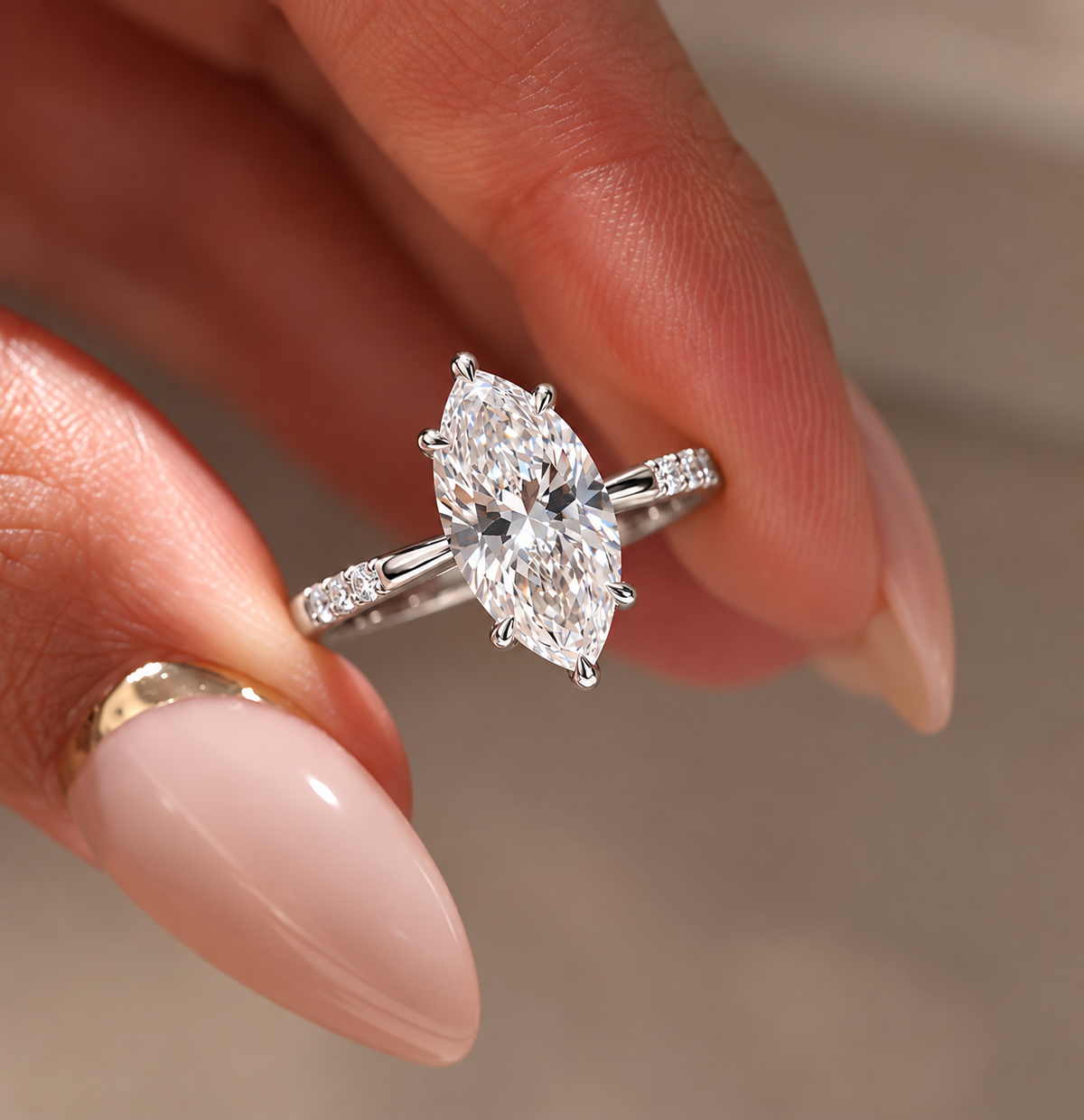 2 Carat Marquise Cut Moissanite Ring with Three Side Stones