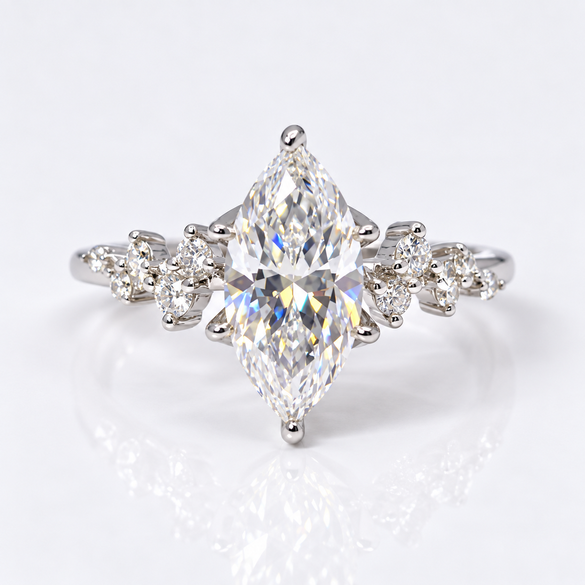 2 Carat Marquise Cut Moissanite Ring with Cluster Side Stones