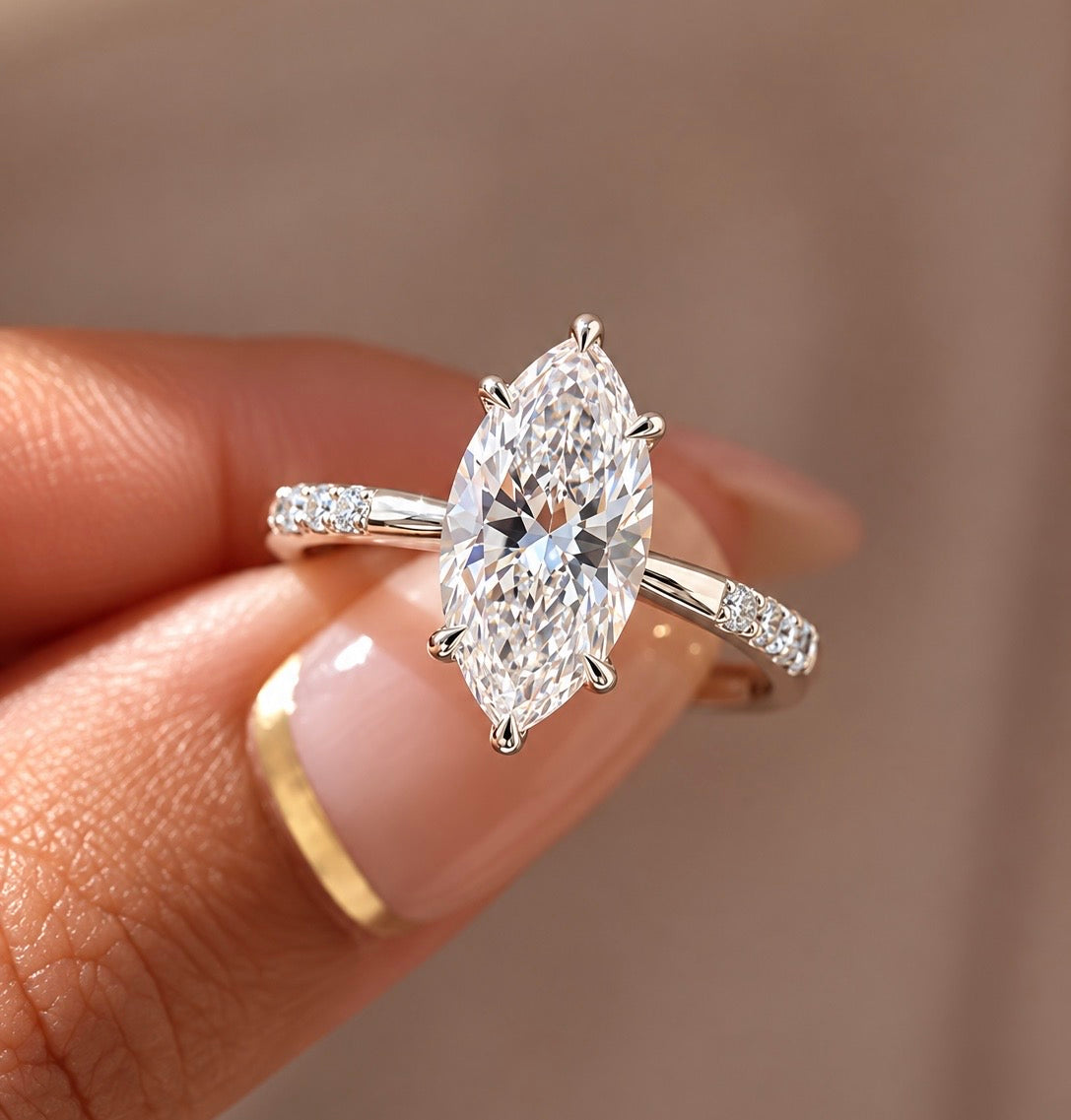 2 Carat Marquise Cut Moissanite Ring with Three Side Stones