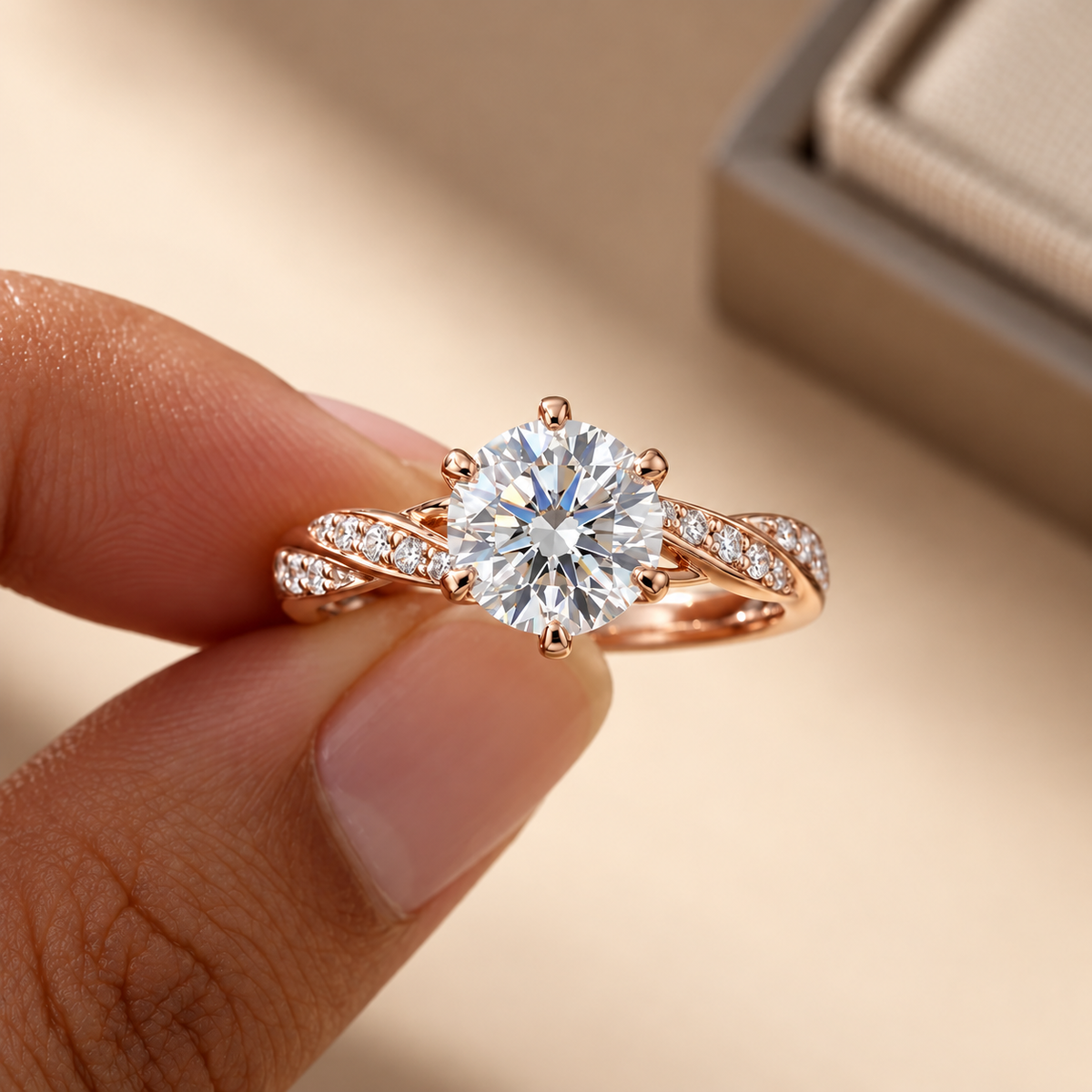 2 Carat Round Cut Moissanite Ring with Twisted Pavé Band