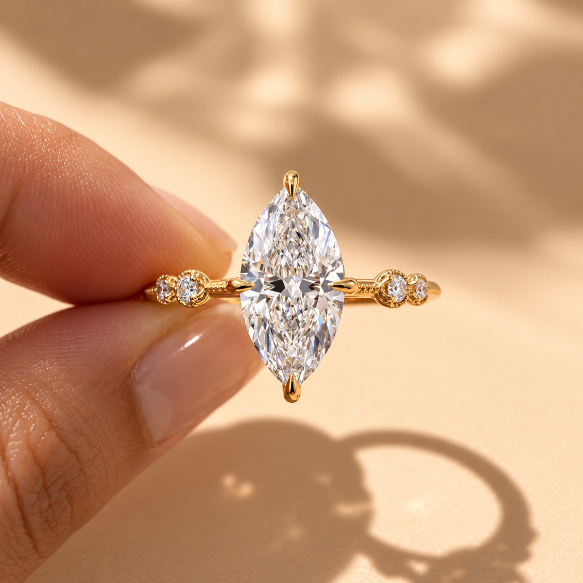 2 Carat Marquise Cut Moissanite Ring with Vintage Band