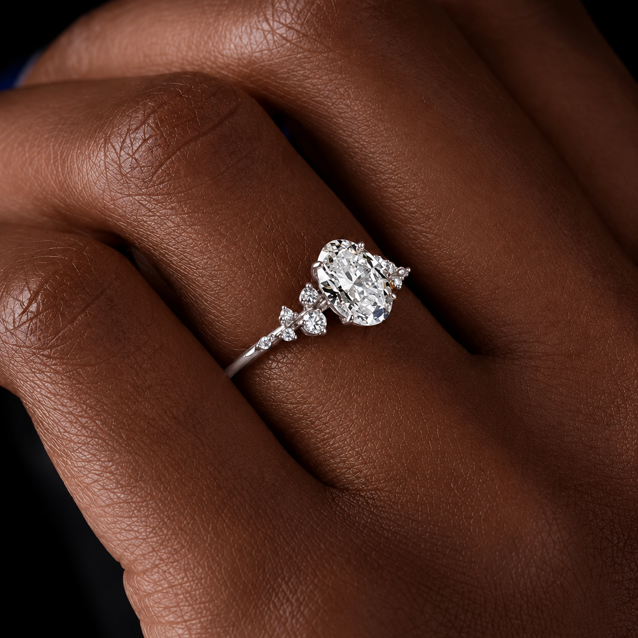 3 Carat Oval Cut Moissanite Ring with Cluster Side Stones