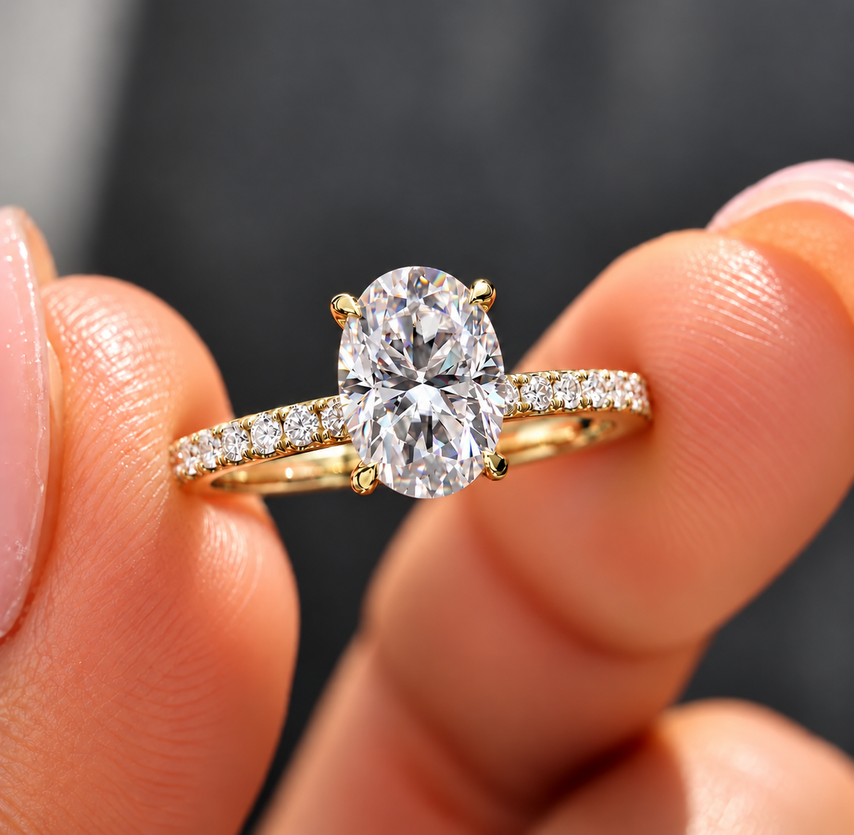 2 Carat Oval Cut Moissanite Ring with Pavé Band