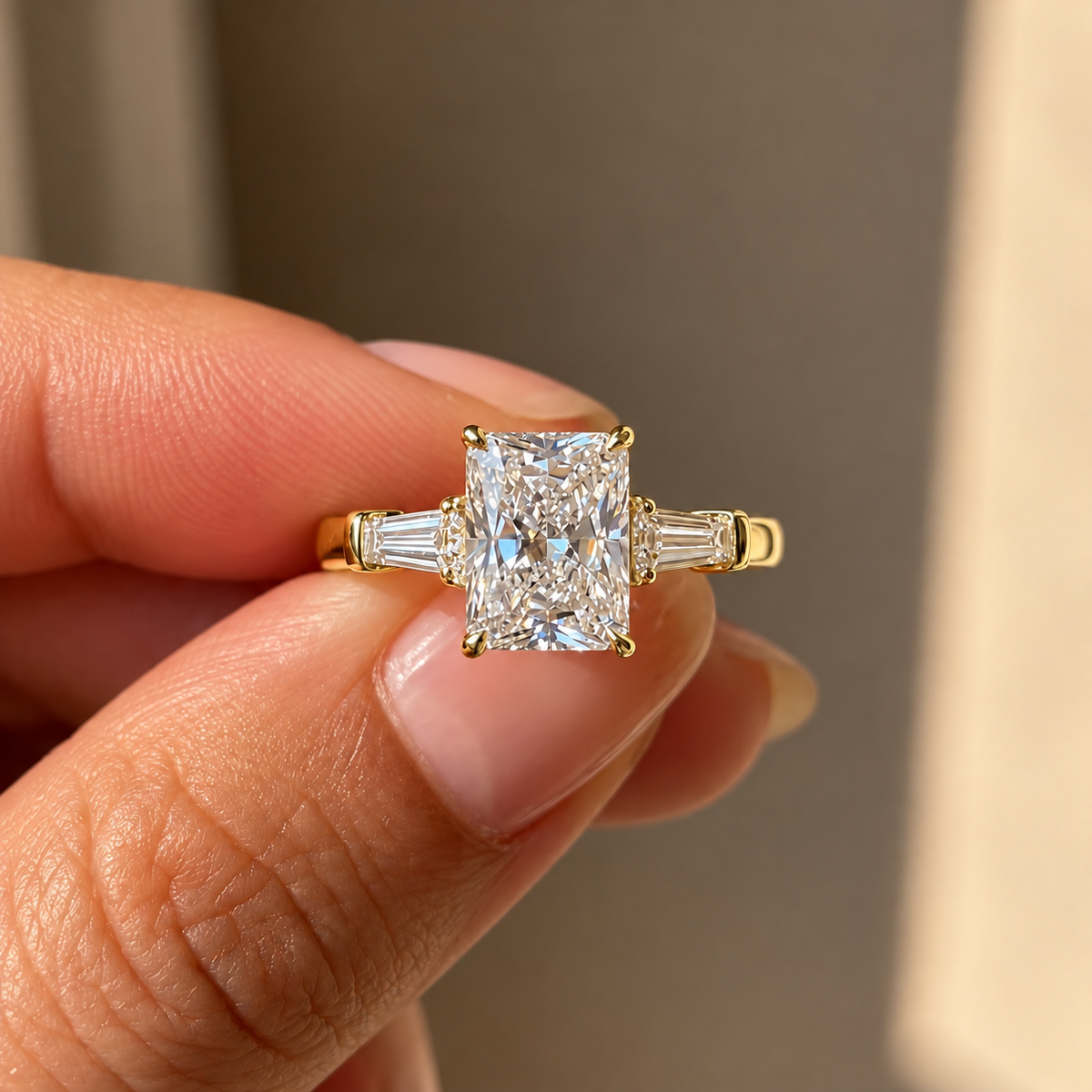 2 Carat Radiant Cut Moissanite Ring with Tapered Side Stones