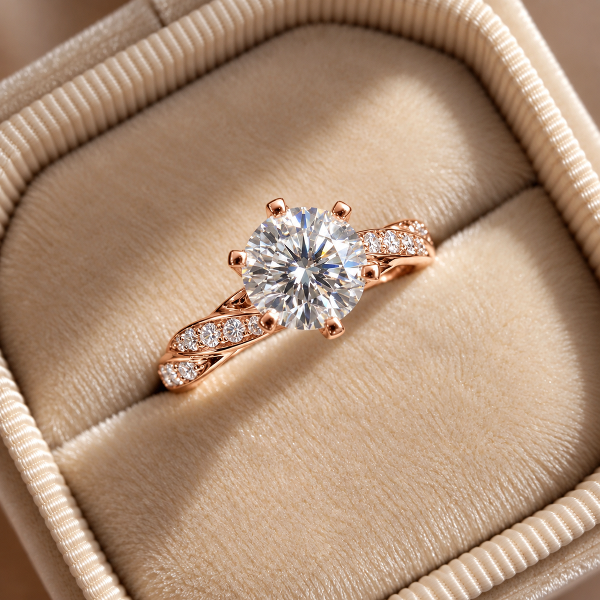 2 Carat Round Cut Moissanite Ring with Twisted Pavé Band