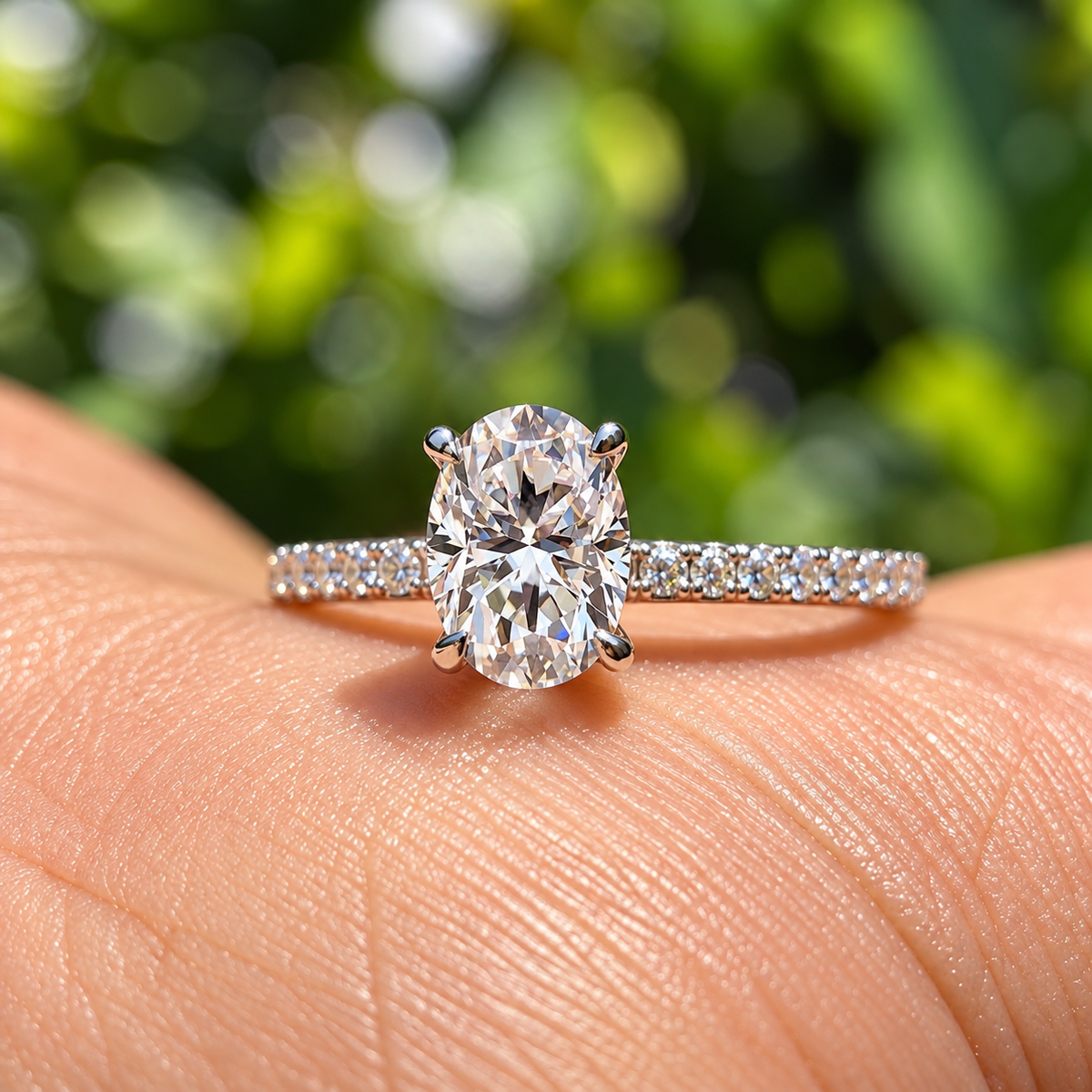 2 Carat Oval Cut Moissanite Ring with Pavé Band