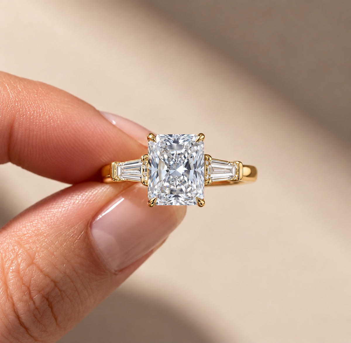 2 Carat Radiant Cut Moissanite Ring with Tapered Side Stones