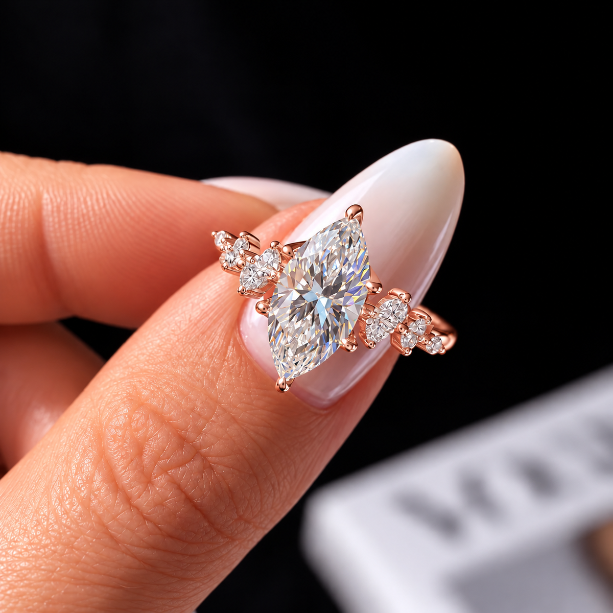 2 Carat Marquise Cut Moissanite Ring with Cluster Side Stones