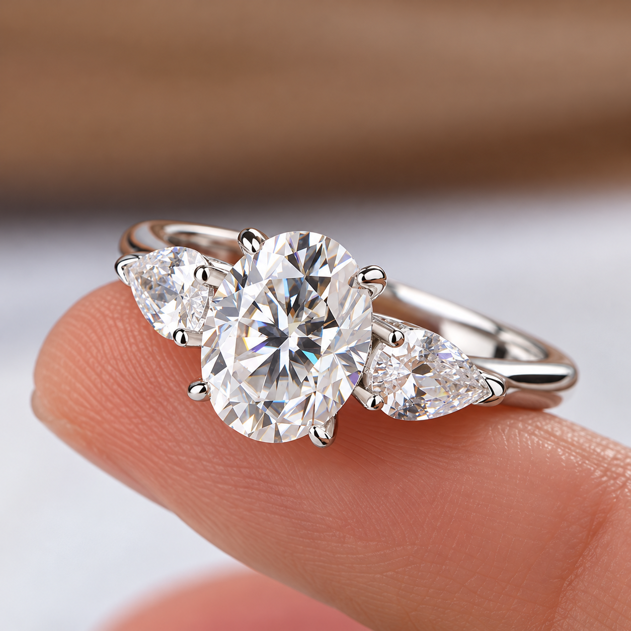 2 Carat Oval Cut Moissanite Ring with Pear Cut Side Stones