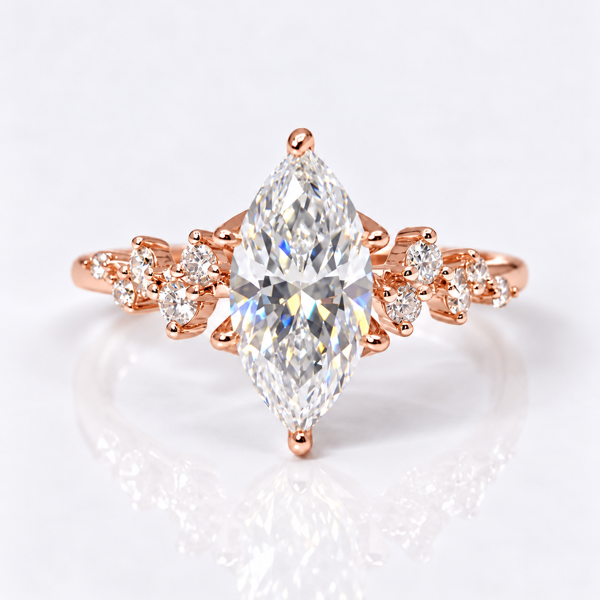 2 Carat Marquise Cut Moissanite Ring with Cluster Side Stones