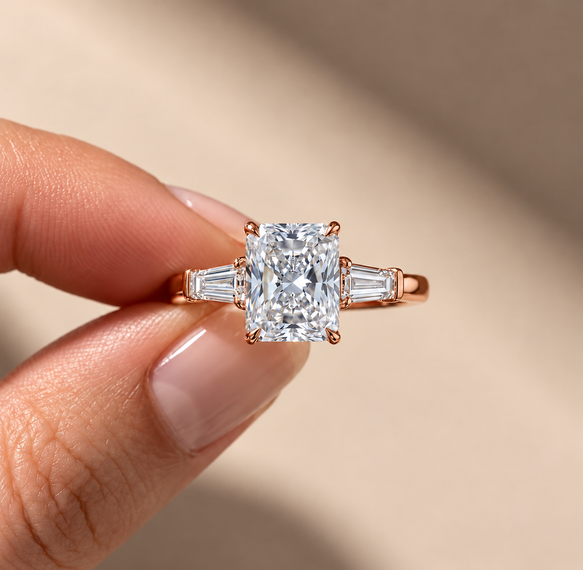 2 Carat Radiant Cut Moissanite Ring with Tapered Side Stones