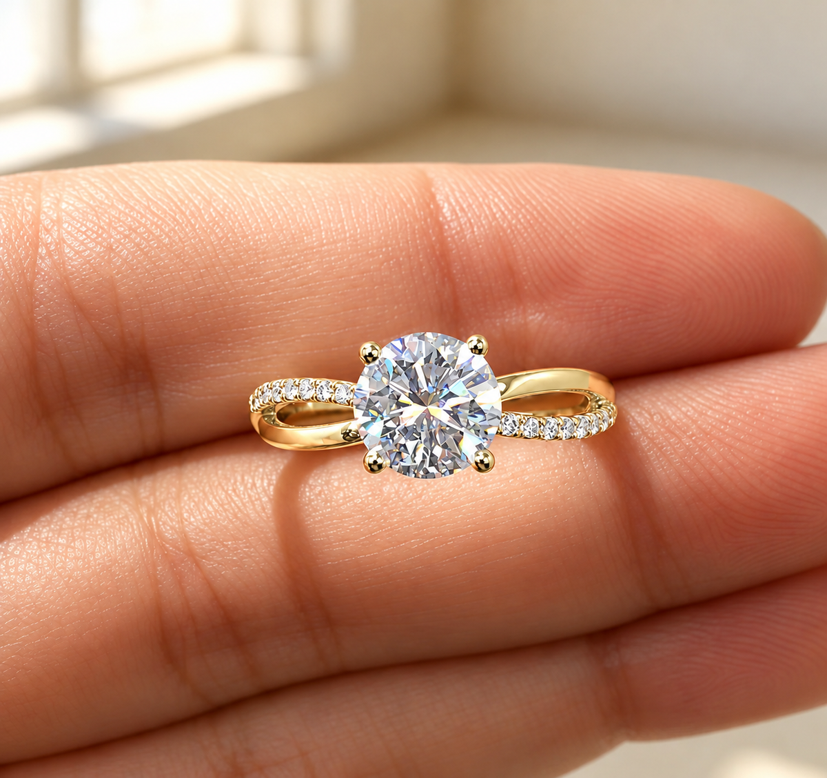 2 Carat Round Cut Moissanite Ring with Twisted Band