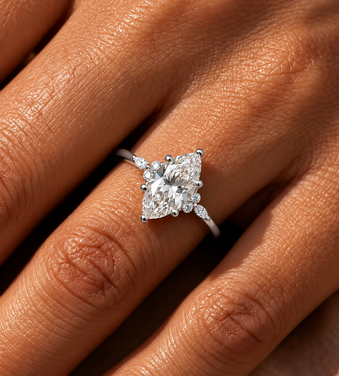 2 Carat Marquise Cut Moissanite Ring with Side Stones