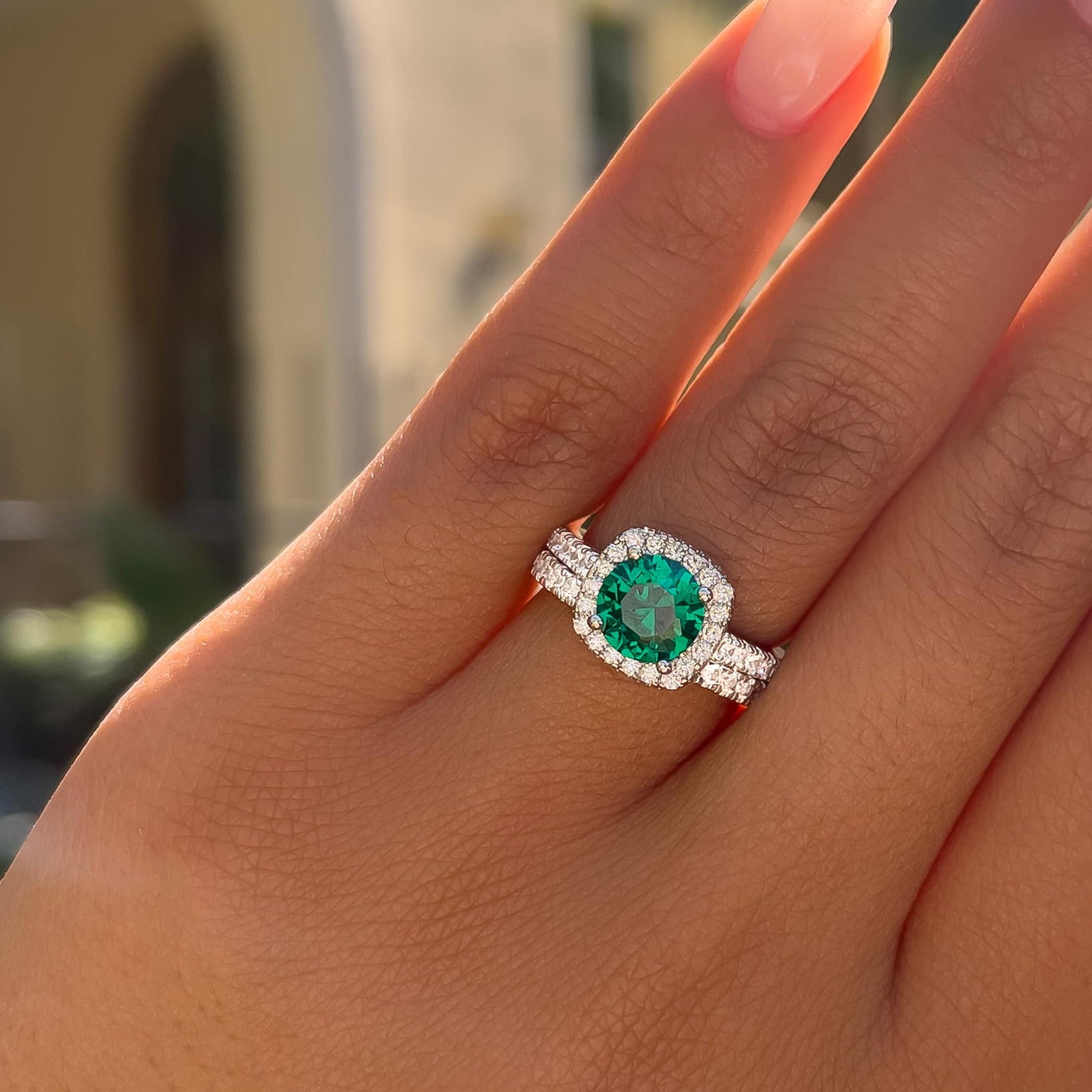 1.5 Carat Simulated Emerald Round Cut Halo Engagement Ring