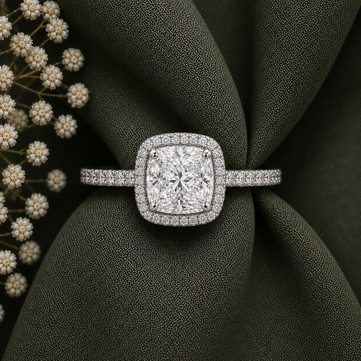 2 Carat Cushion Cut Halo Moissanite Ring