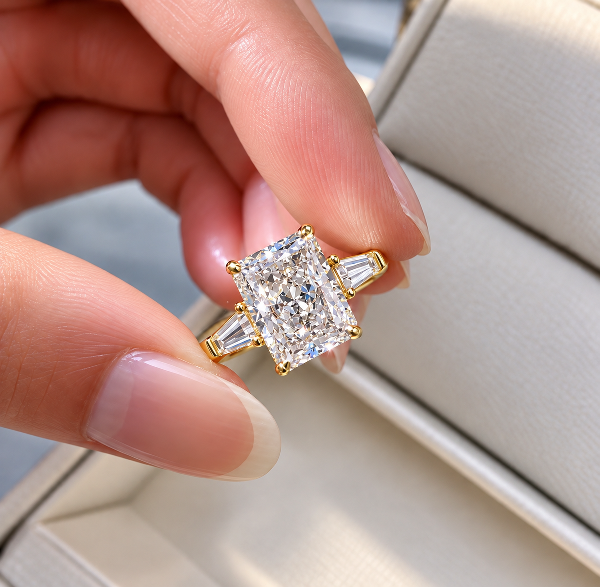 2 Carat Radiant Cut Moissanite Ring with Tapered Side Stones