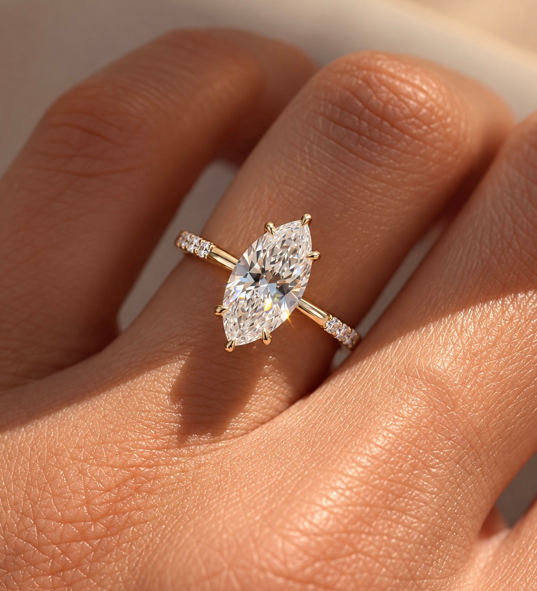 2 Carat Marquise Cut Moissanite Ring with Three Side Stones