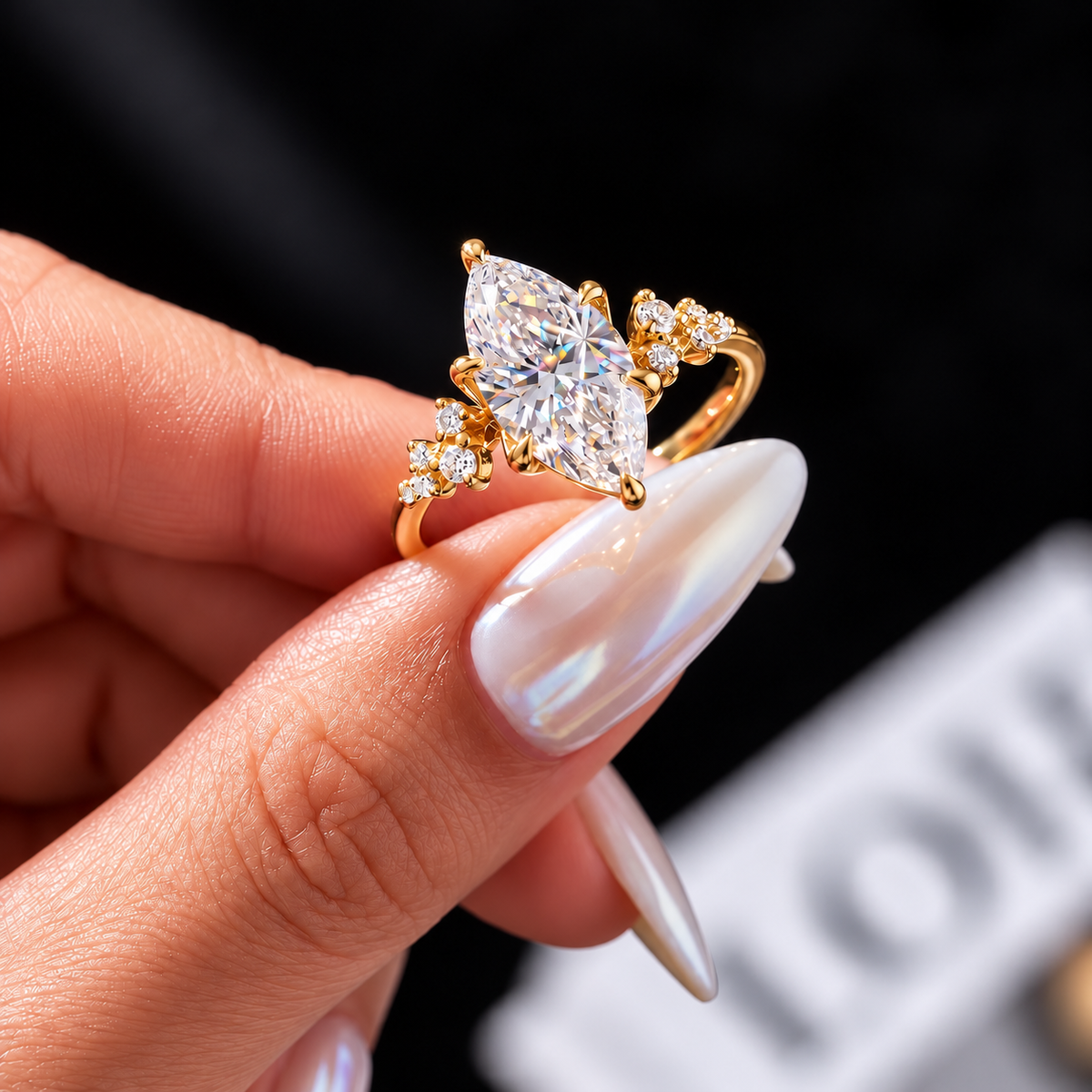 2 Carat Marquise Cut Moissanite Ring with Cluster Side Stones