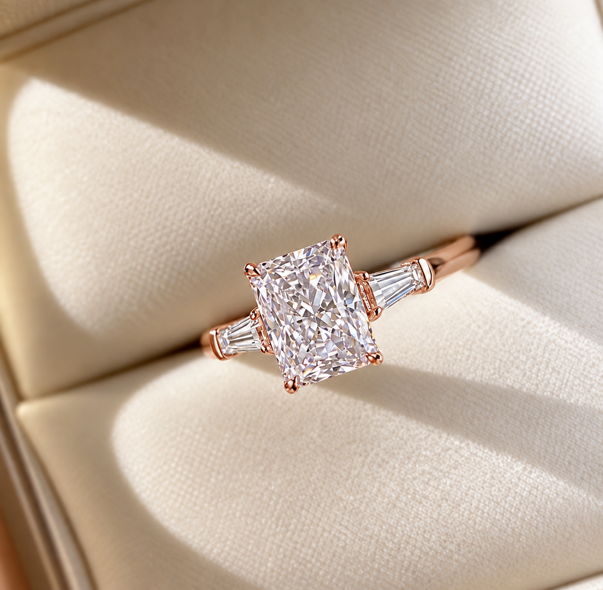 2 Carat Radiant Cut Moissanite Ring with Tapered Side Stones