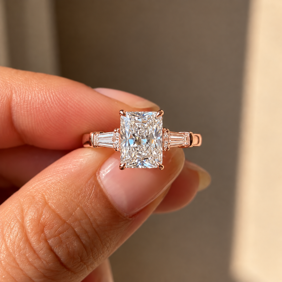 2 Carat Radiant Cut Moissanite Ring with Tapered Side Stones
