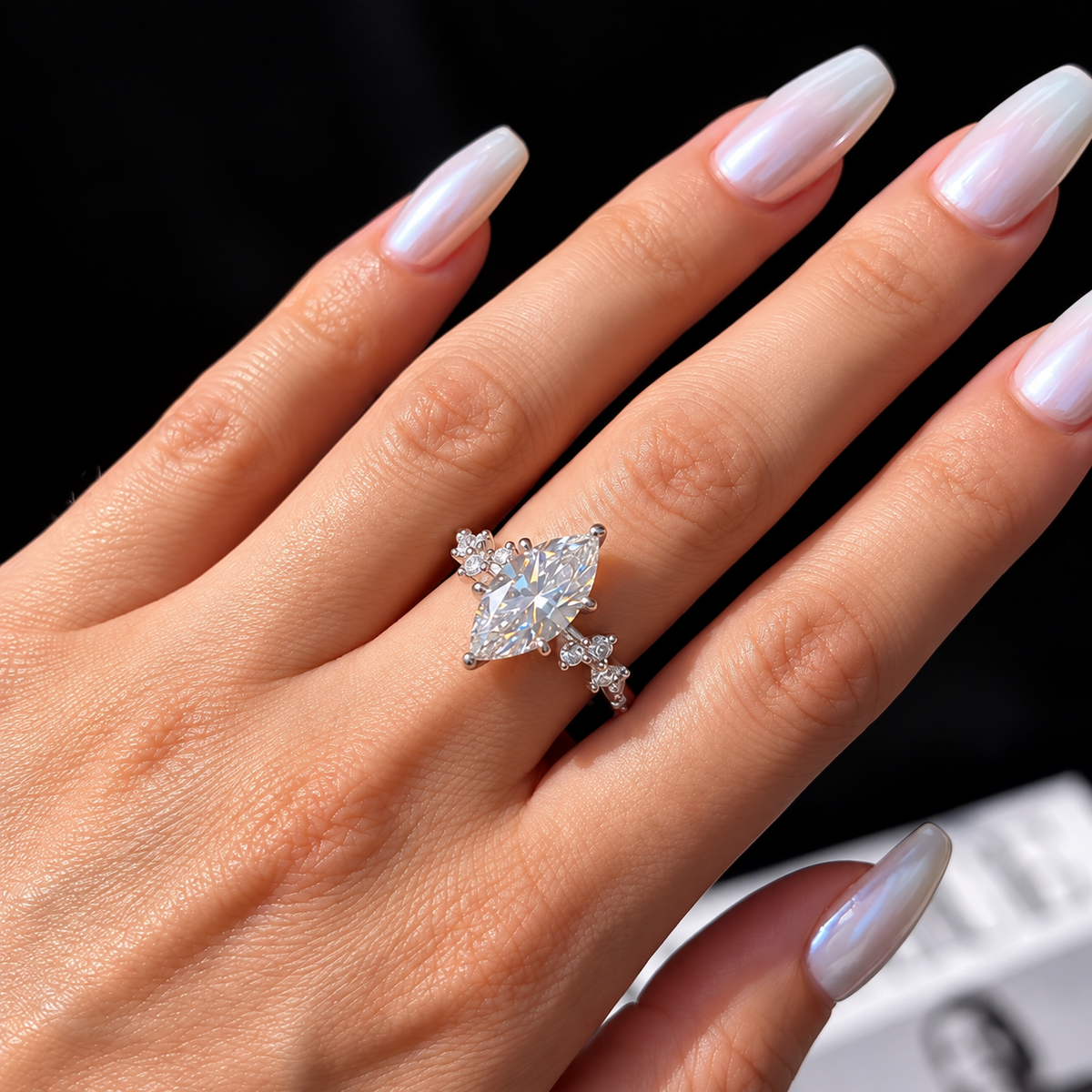 2 Carat Marquise Cut Moissanite Ring with Cluster Side Stones