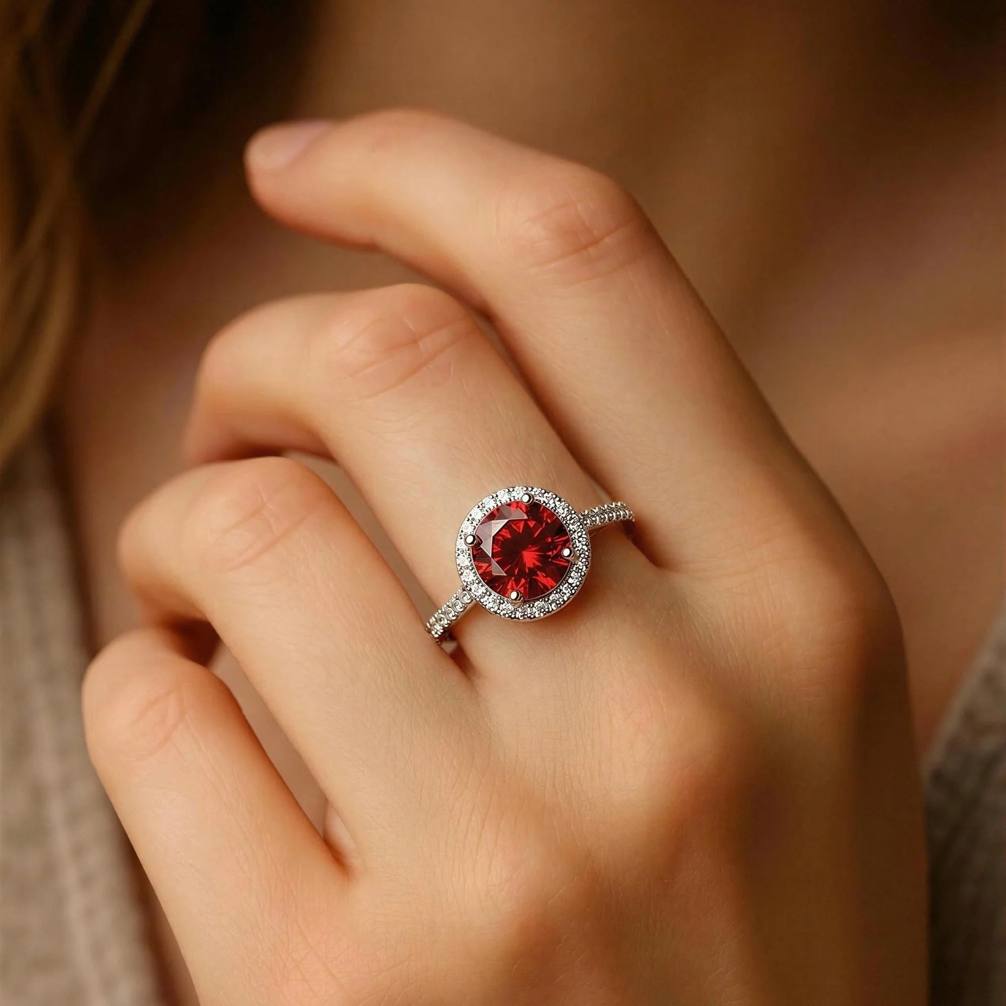 Simulated Ruby Round Halo Engagement Ring