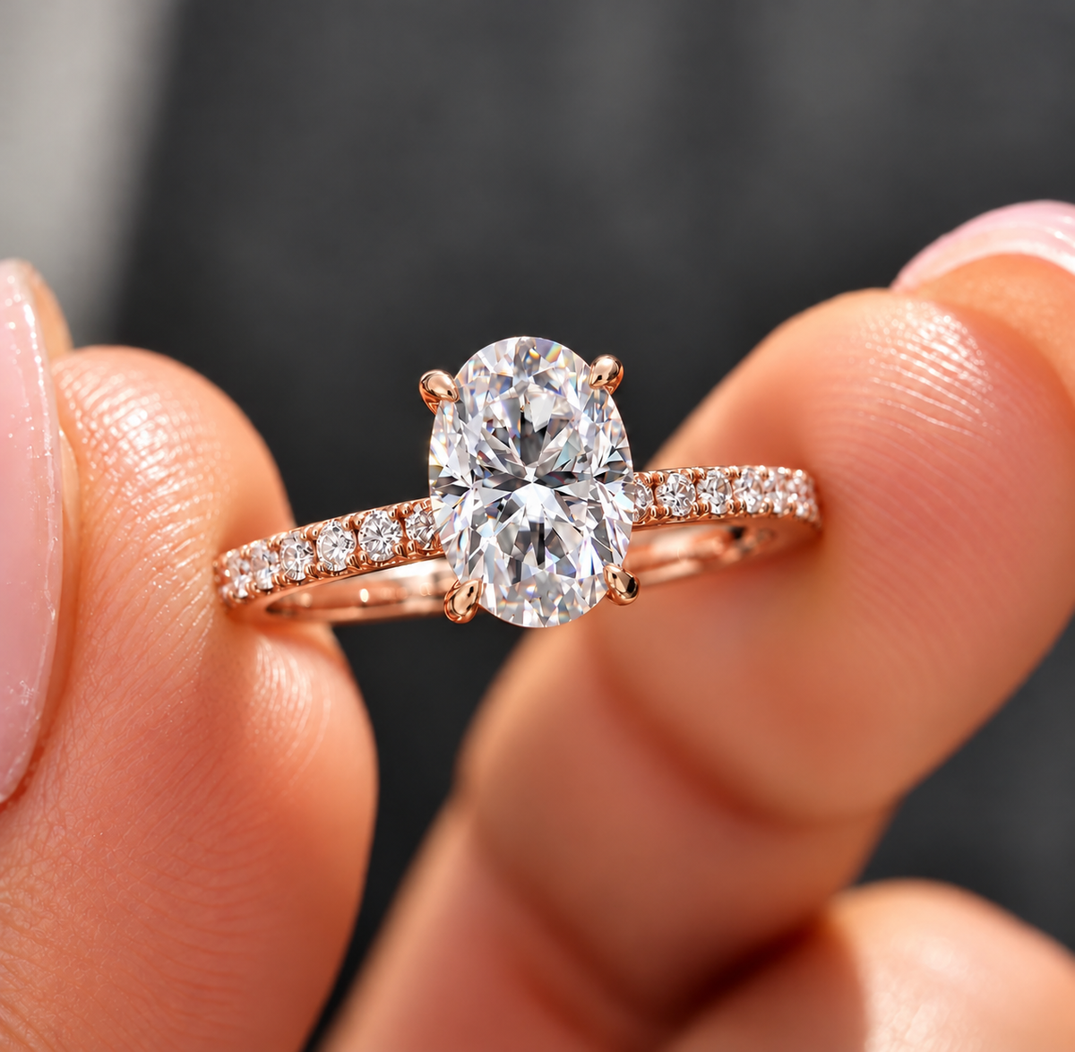 2 Carat Oval Cut Moissanite Ring with Pavé Band