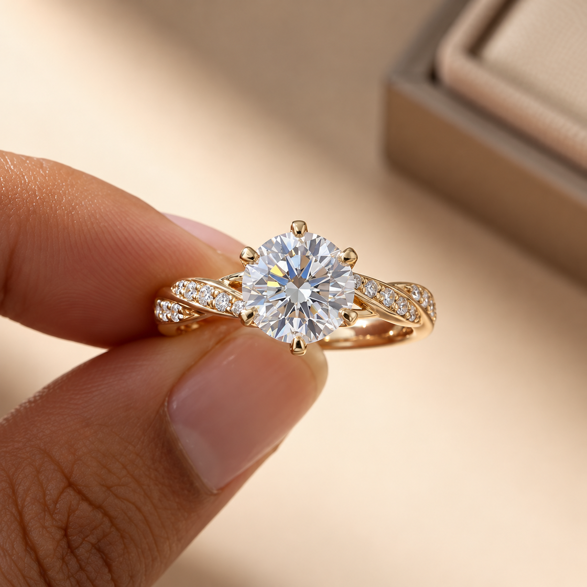 2 Carat Round Cut Moissanite Ring with Twisted Pavé Band