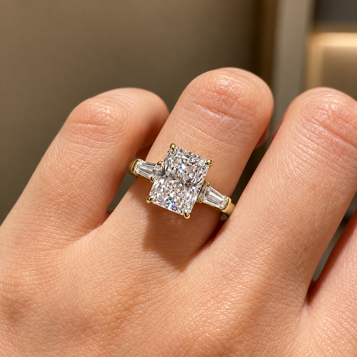 2 Carat Radiant Cut Moissanite Ring with Tapered Side Stones