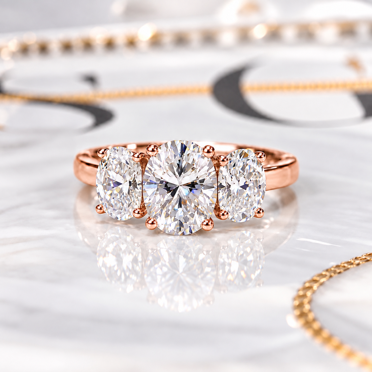 Three Stone Oval Cut Moissanite Ring