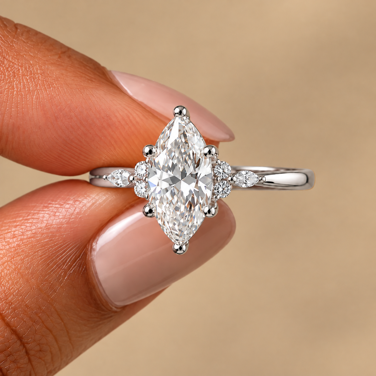 2 Carat Marquise Cut Moissanite Ring with Side Stones