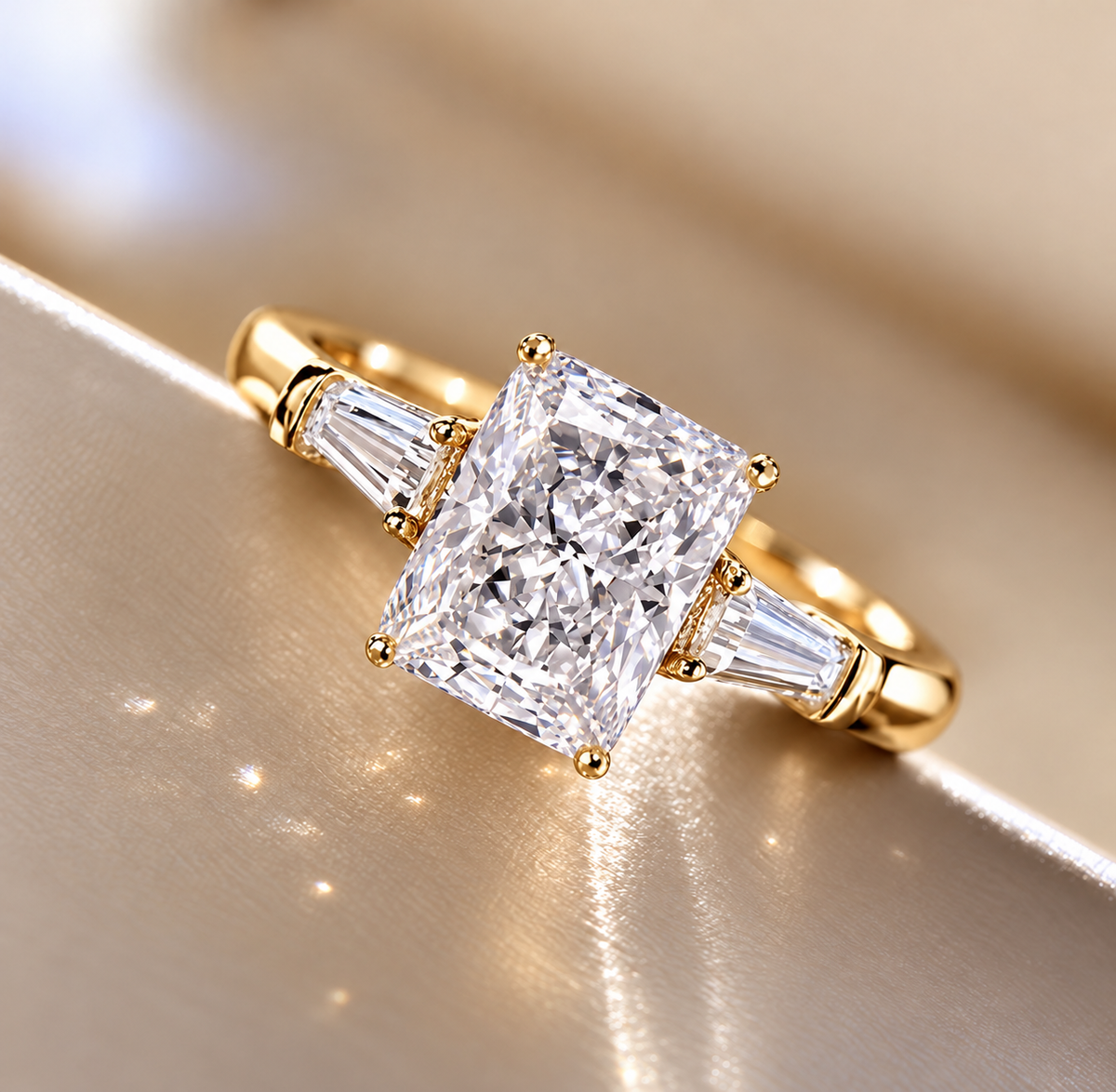 2 Carat Radiant Cut Moissanite Ring with Tapered Side Stones