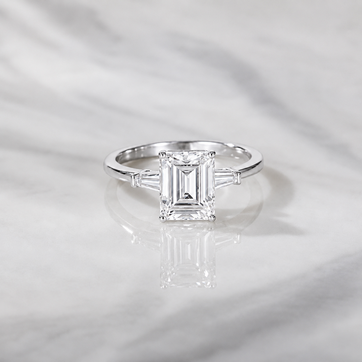 3 Carat Emerald Cut Moissanite Ring with Side Stones