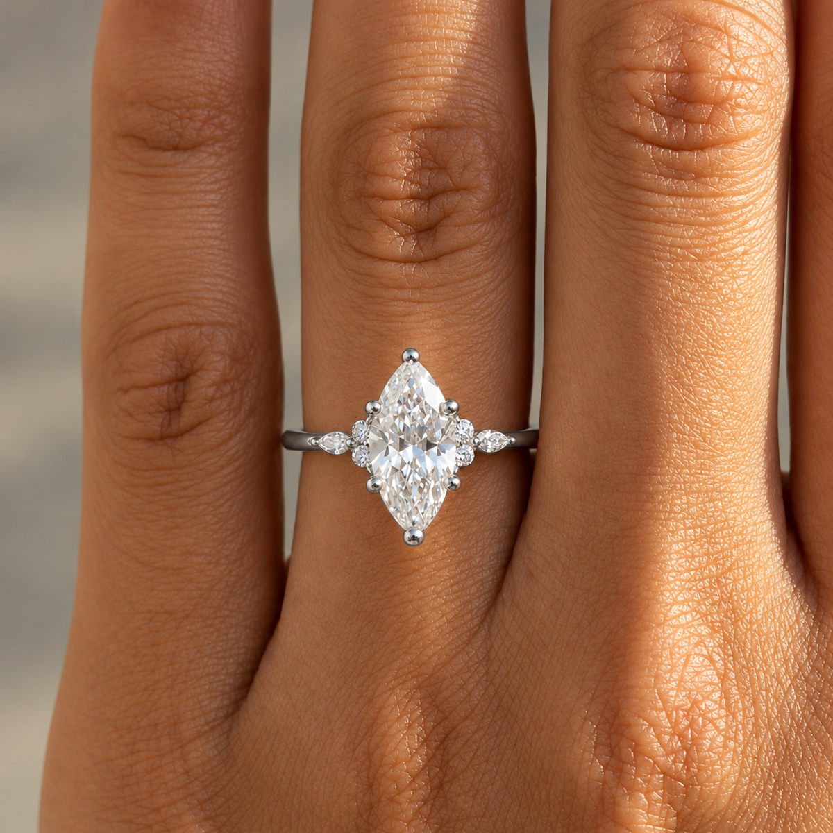 2 Carat Marquise Cut Moissanite Ring with Side Stones