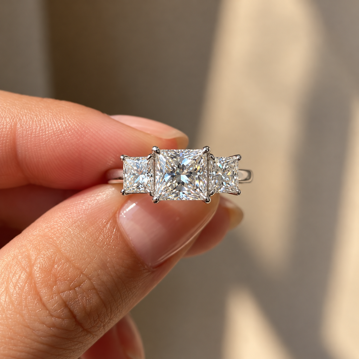 Three Stone Princess Cut Moissanite Ring
