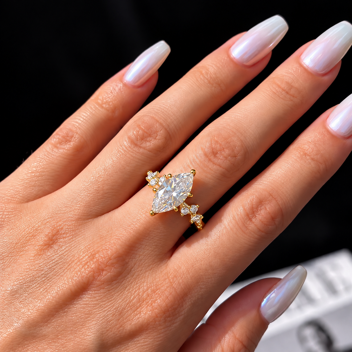 2 Carat Marquise Cut Moissanite Ring with Cluster Side Stones