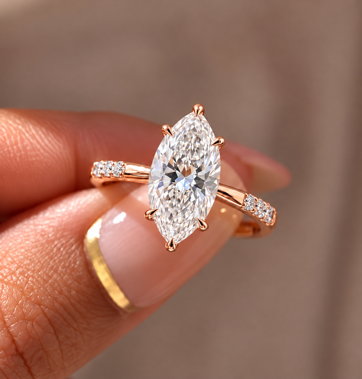 2 Carat Marquise Cut Moissanite Ring with Three Side Stones