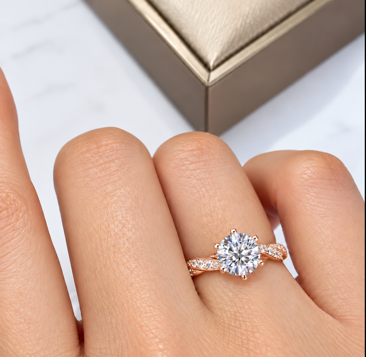2 Carat Round Cut Moissanite Ring with Twisted Pavé Band