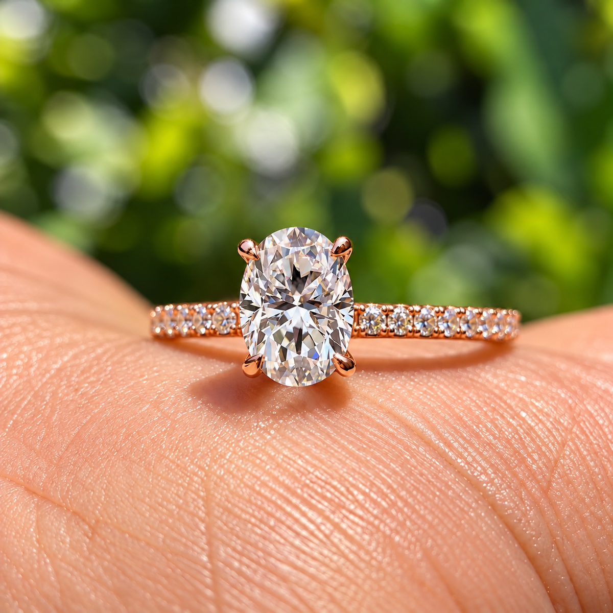 2 Carat Oval Cut Moissanite Ring with Pavé Band