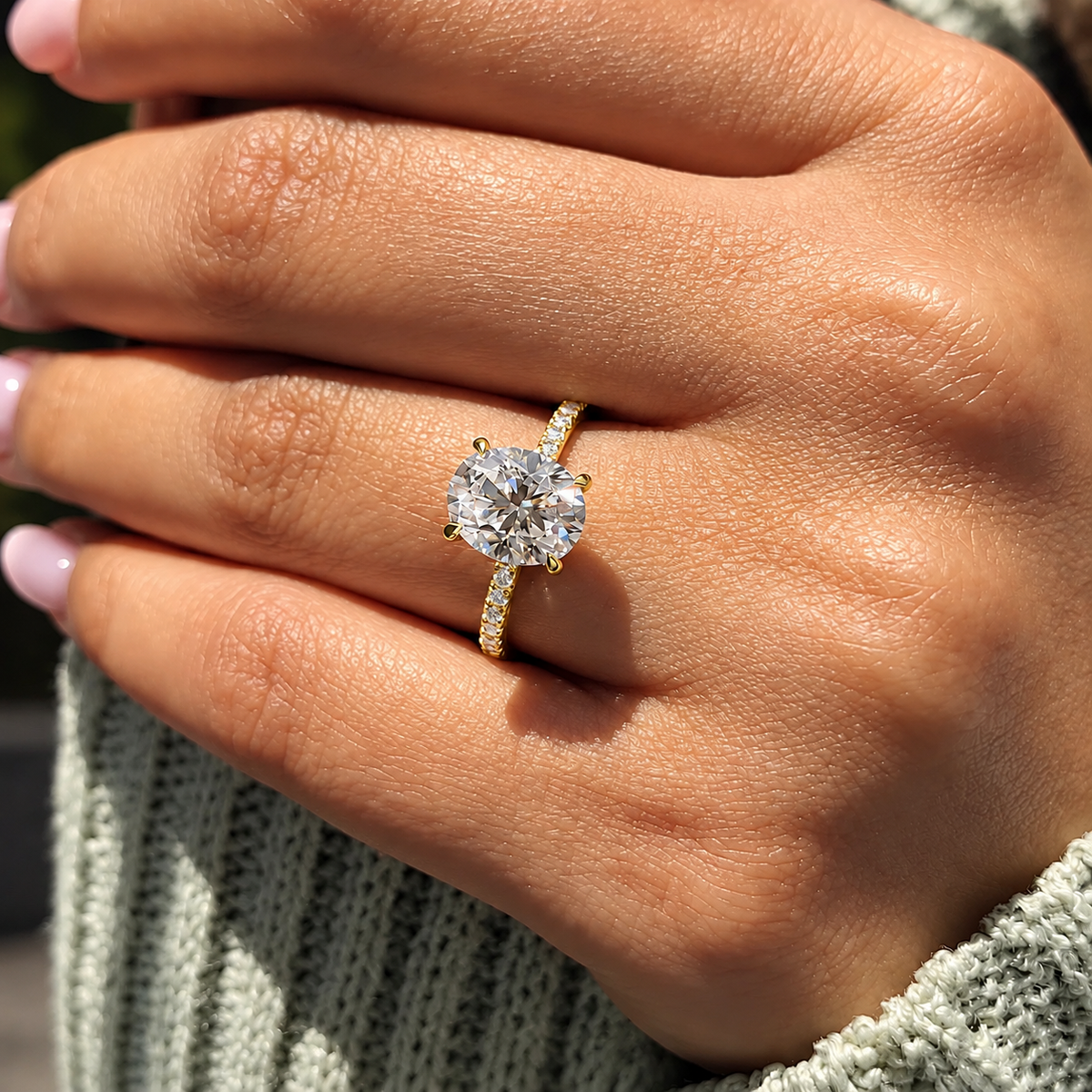 2 Carat Oval Cut Moissanite Ring with Pavé Band