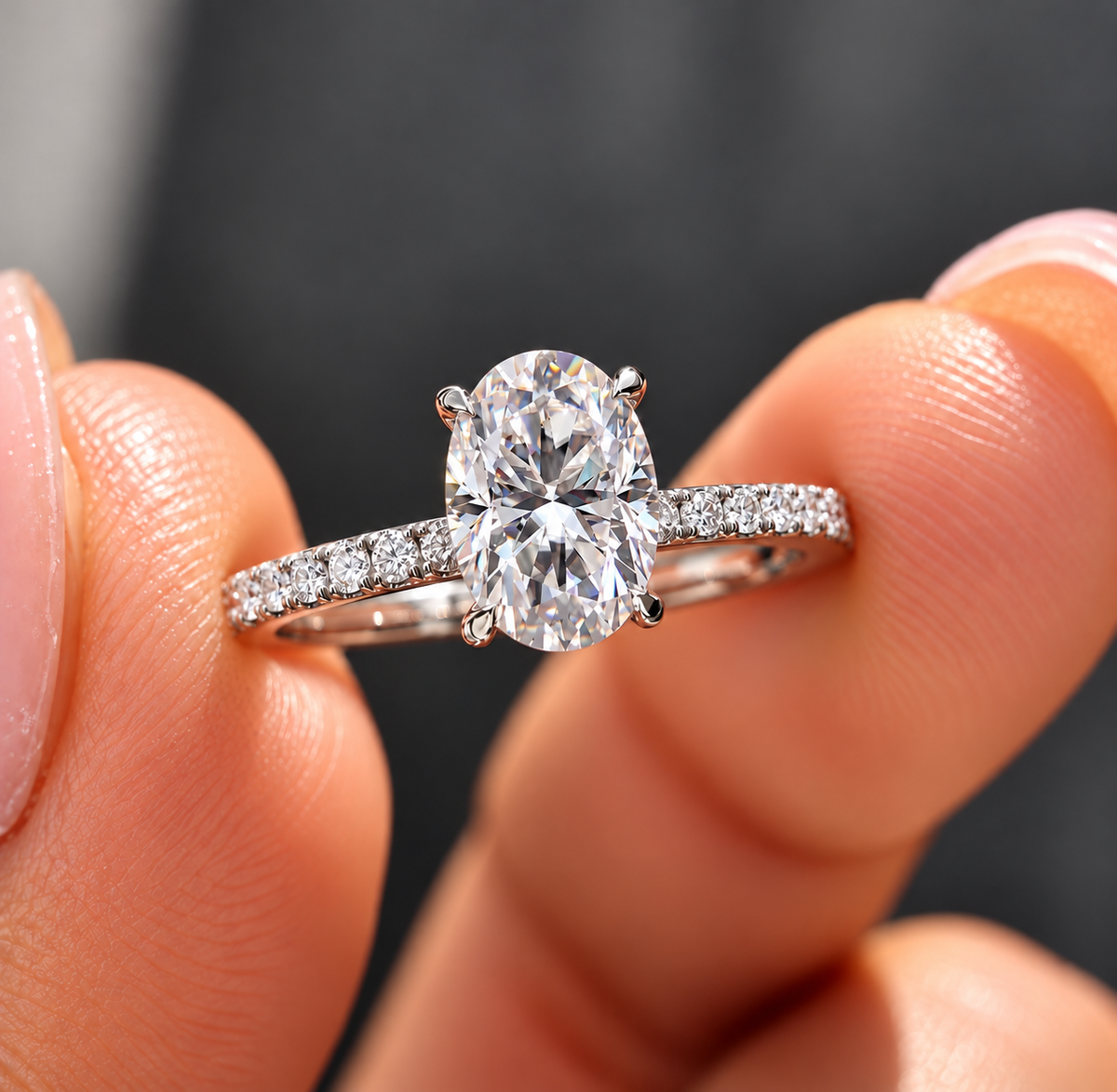2 Carat Oval Cut Moissanite Ring with Pavé Band