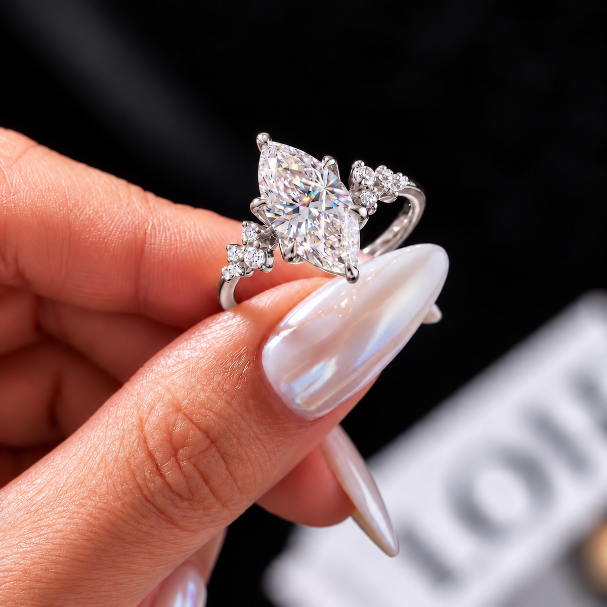 2 Carat Marquise Cut Moissanite Ring with Cluster Side Stones