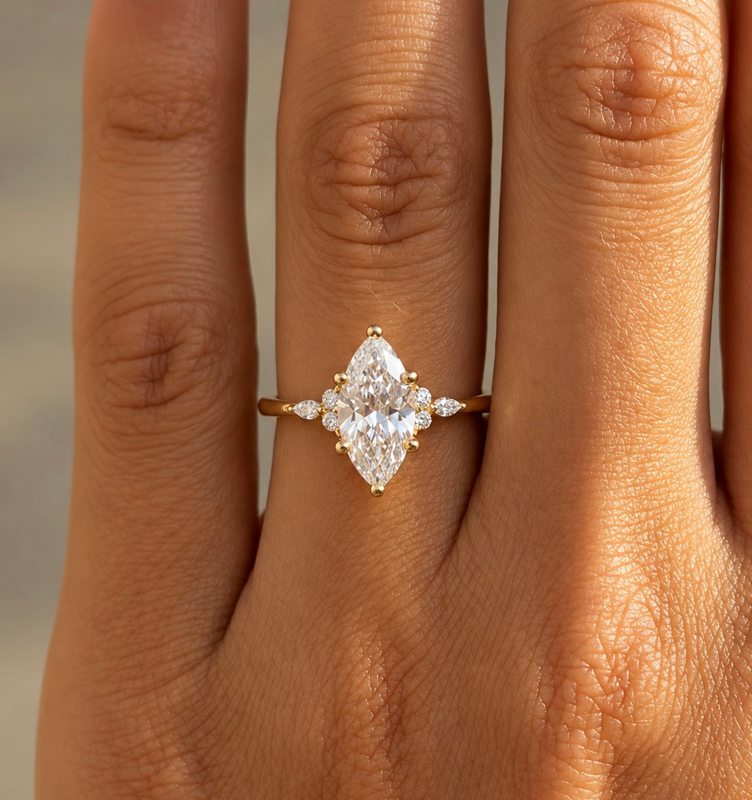 2 Carat Marquise Cut Moissanite Ring with Side Stones