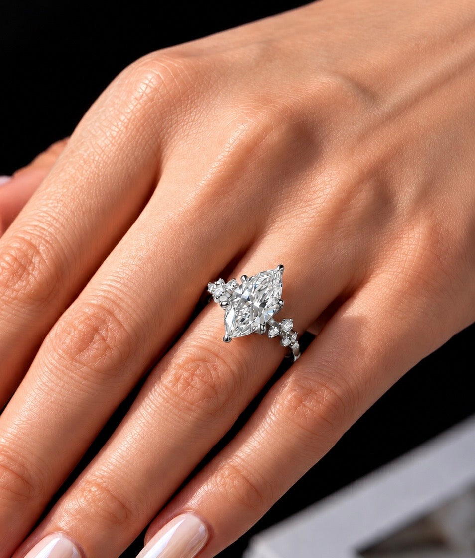 2 Carat Marquise Cut Moissanite Ring with Cluster Side Stones