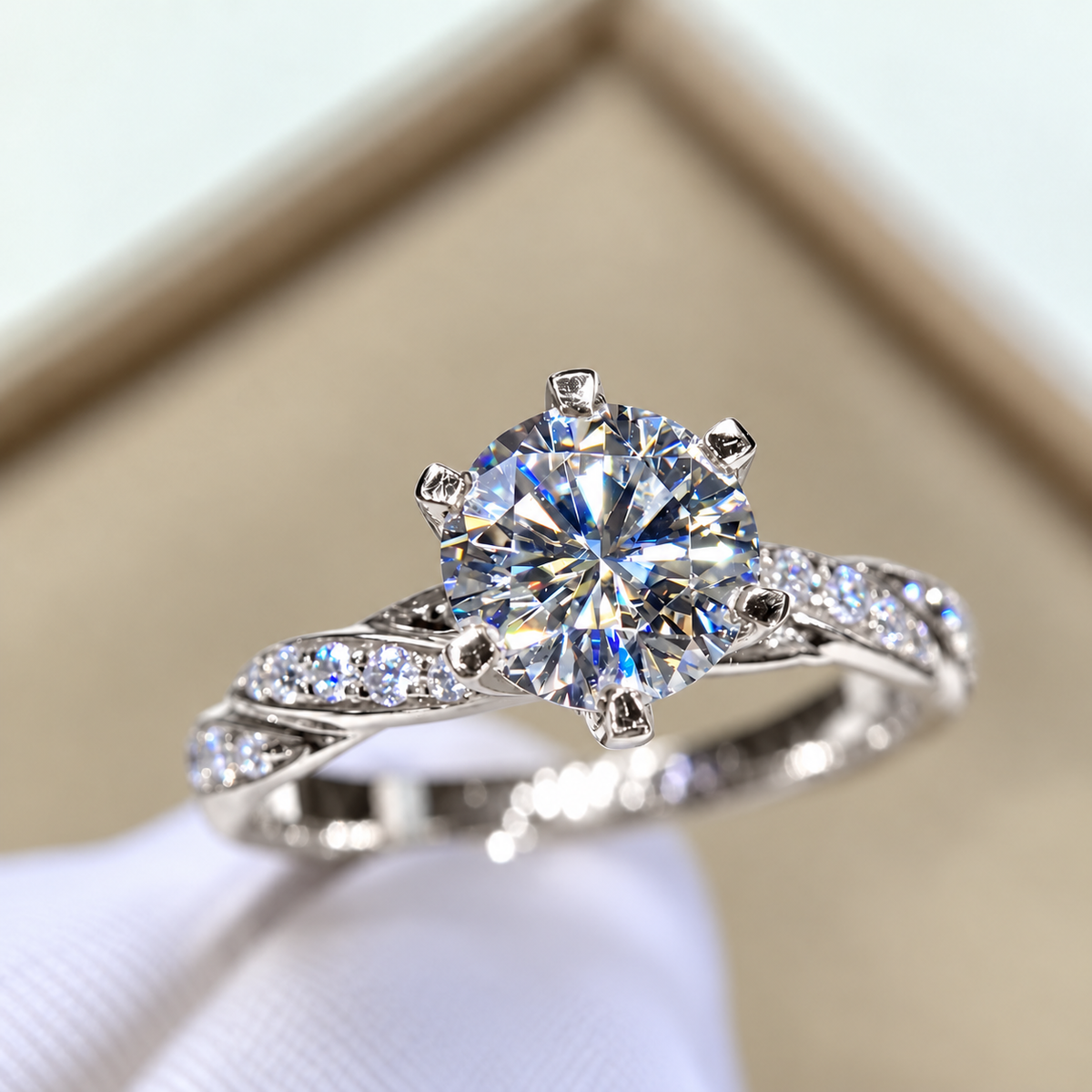 2 Carat Round Cut Moissanite Ring with Twisted Pavé Band