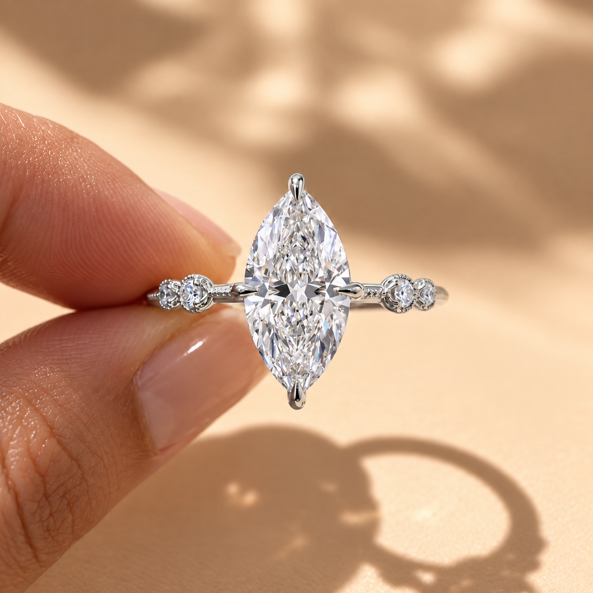 2 Carat Marquise Cut Moissanite Ring with Vintage Band