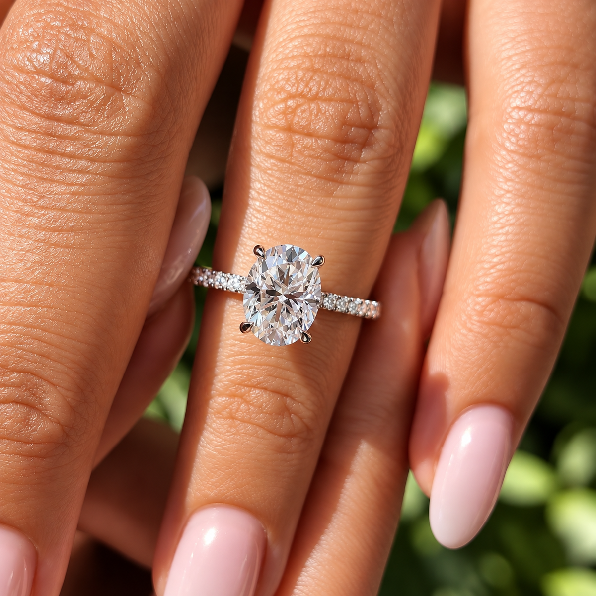 2 Carat Oval Cut Moissanite Ring with Pavé Band