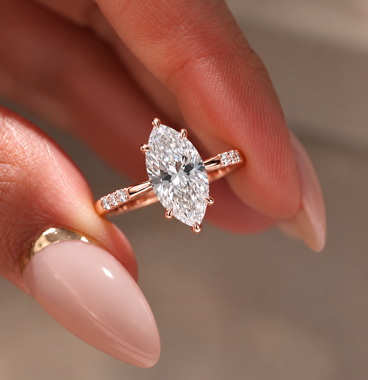 2 Carat Marquise Cut Moissanite Ring with Three Side Stones