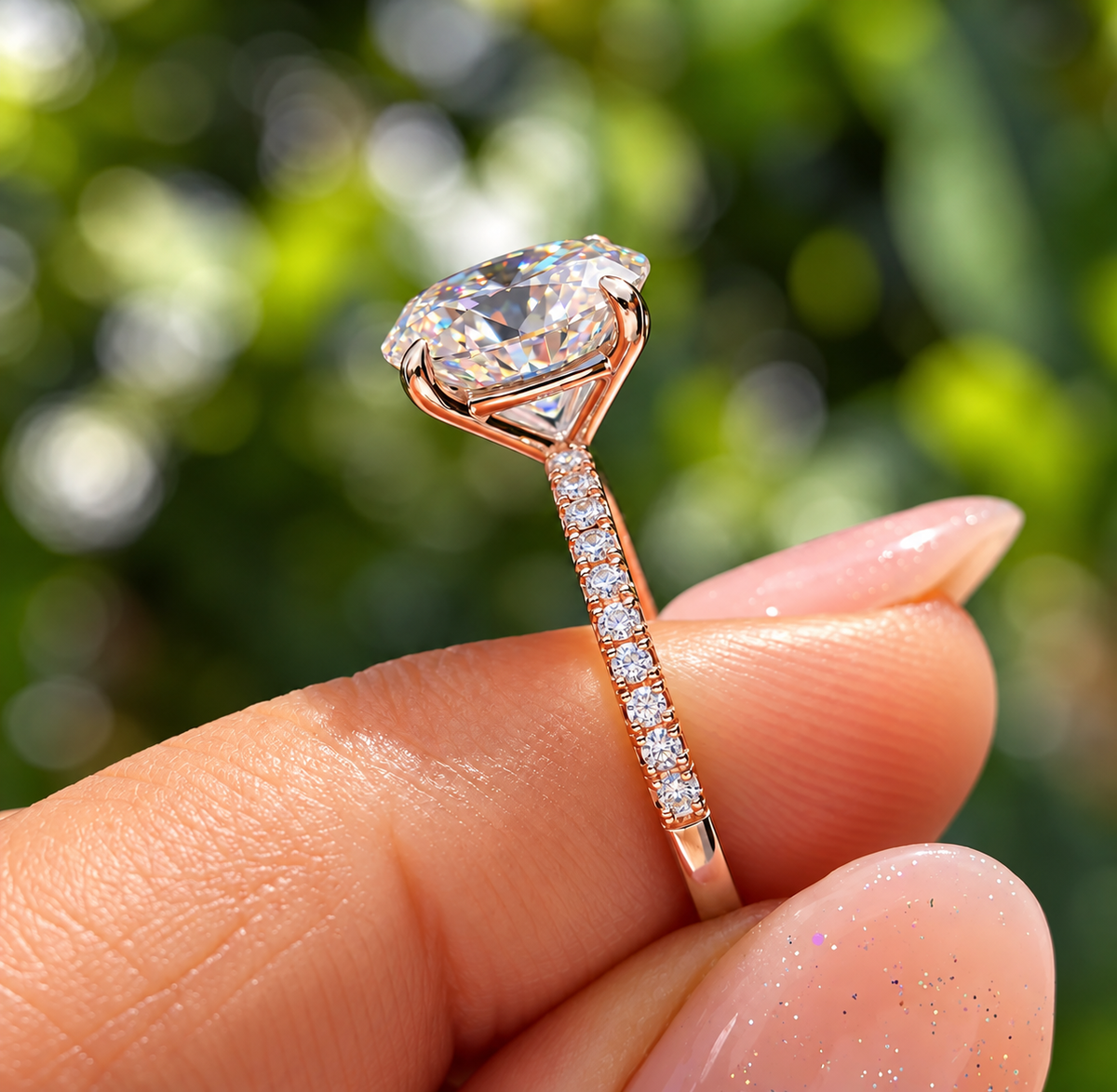 2 Carat Oval Cut Moissanite Ring with Pavé Band